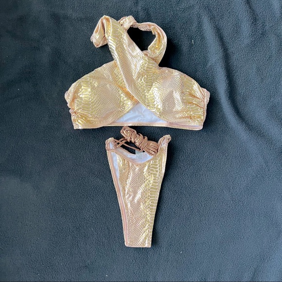 Snake print halter crisscross bikini set gold/pink - Picture 5 of 7